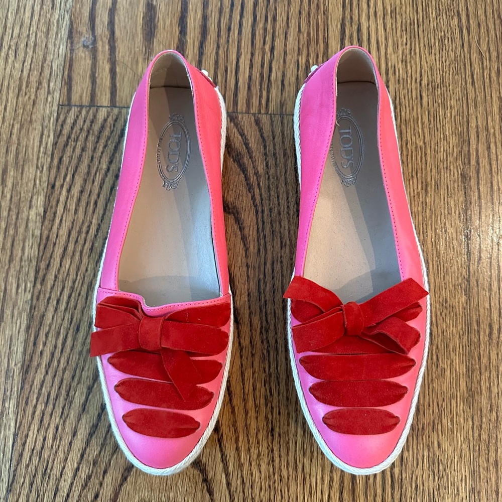Tod's Pink/Red Leather & Suede Lace up Bow Espadrille Flats Size 38